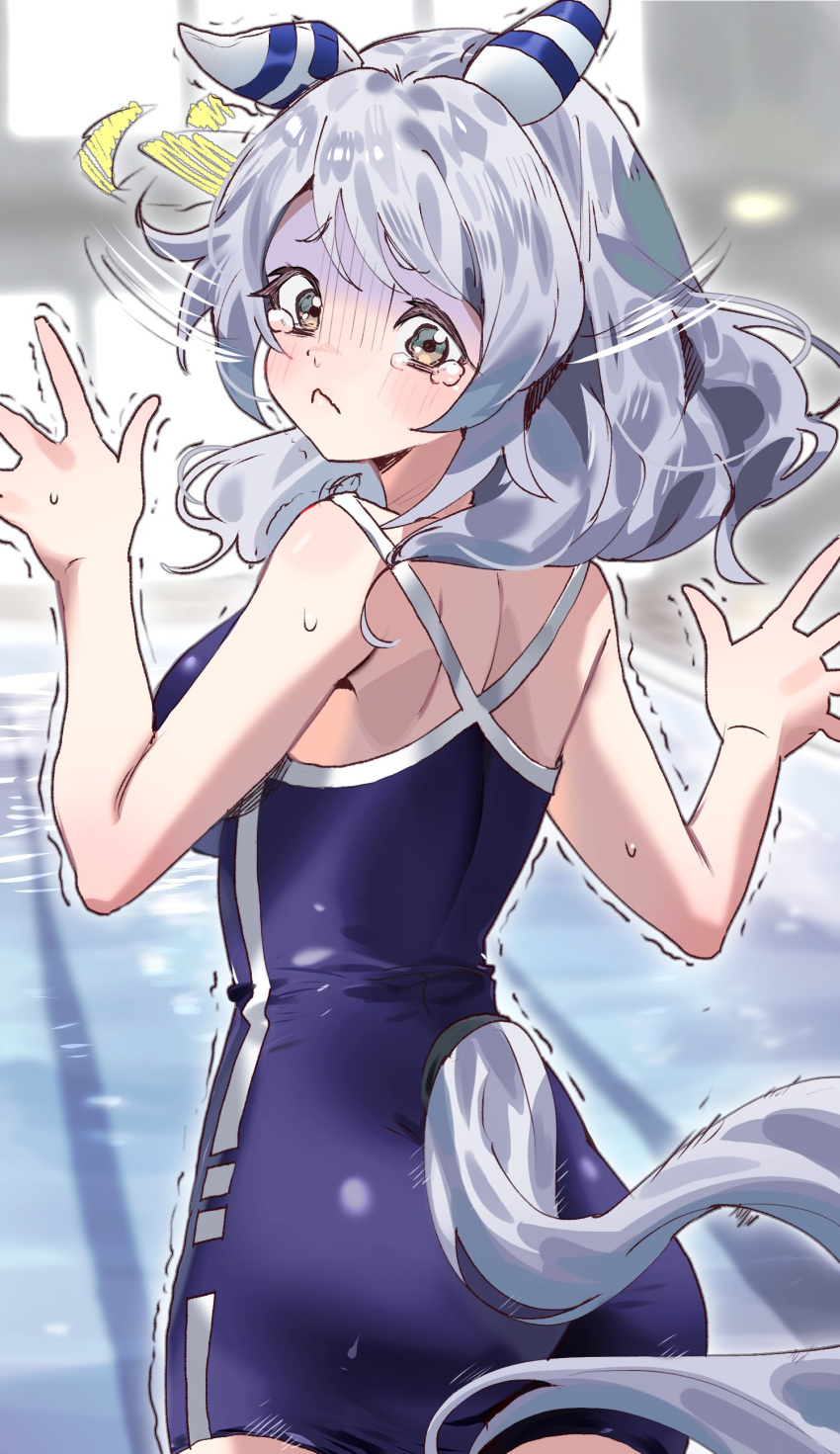 1girl :&lt; absurdres animal_ears ass blurry blurry_background breasts commentary_request competition_swimsuit gloom_(expression) green_eyes grey_hair hakoneko_(marisa19899200) highres hishi_miracle_(umamusume) horse_ears horse_girl horse_tail looking_at_viewer medium_breasts one-piece_swimsuit pool school_swimsuit shaking solo swimsuit tail tears umamusume