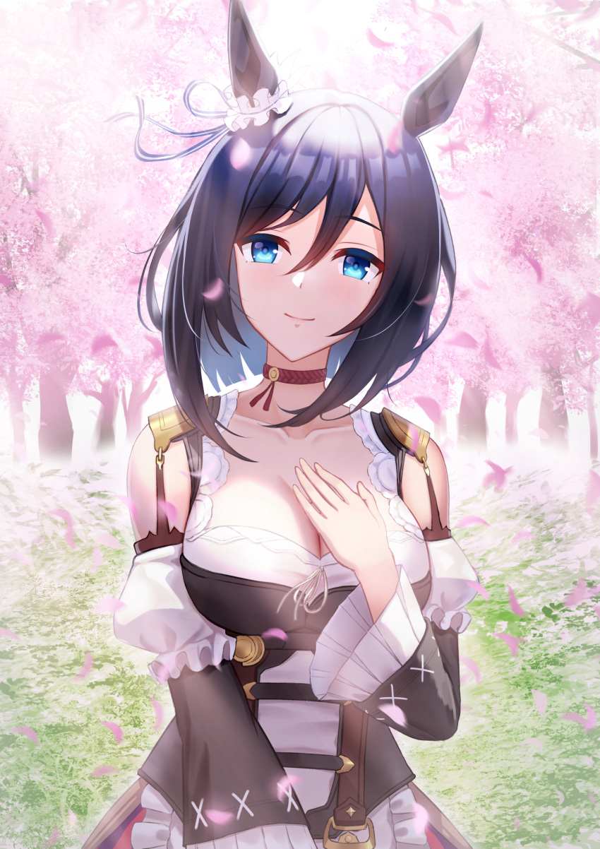 1girl animal_ears answering bare_shoulders black_hair breasts cherry_blossoms choker cleavage closed_mouth commentary detached_sleeves dirndl dress ear_ornament eishin_flash_(umamusume) frilled_dress frills german_clothes hair_between_eyes hand_on_own_chest highres horse_ears horse_girl large_breasts long_sleeves medium_hair red_choker smile solo umamusume upper_body