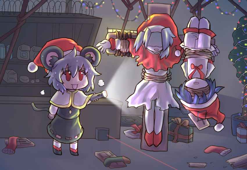 3girls animal_ears barbed_wire bdsm black_footwear blindfold blue_hair bondage bound capelet christmas christmas_tree commentary_request cookie_(touhou) crucifixion drddrddo flashlight flashlight_beam flour_(cookie) full_body grey_hair grey_skirt grey_vest hair_between_eyes hat highres holding holding_flashlight indoors kumoi_ichirin long_bangs long_sleeves looking_at_another milk_(cookie) mouse_ears mouse_girl mouse_tail mousetrap multiple_girls murasa_minamitsu nazrin nyon_(cookie) open_mouth pom_pom_(clothes) red_eyes red_footwear red_headwear santa_hat shelf shirt shoes short_hair skirt skirt_set smile socks standing sweat sweating_profusely tail touhou upside-down vest white_capelet white_shirt