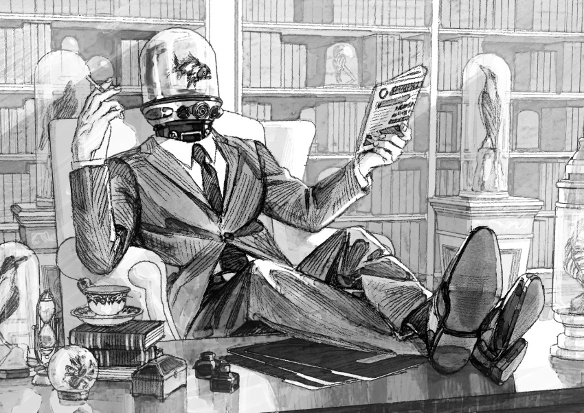 1boy animal bell_jar bird book bookshelf chair cigarette collared_shirt crossed_legs cup desk feet_on_table file fish fish_tank full_body greyscale hands_up highres holding holding_cigarette holding_newspaper hourglass indoors inkwell jaddddan male_focus monochrome necktie newspaper object_head original shirt sitting solo suit taxidermy teacup