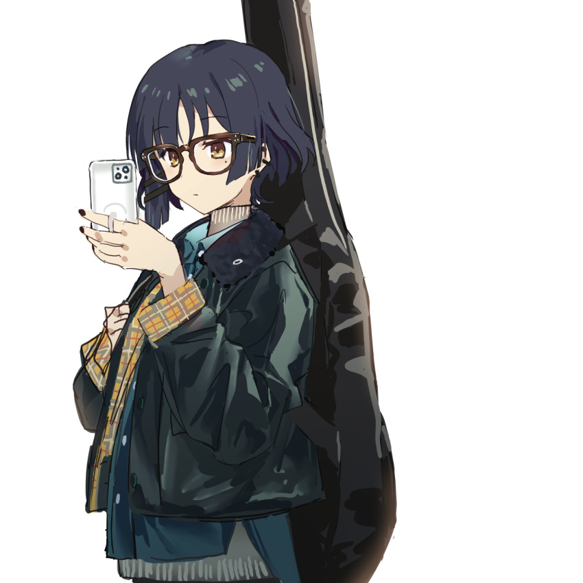 1girl alternate_costume aqua_shirt bespectacled black_nails blue_hair bocchi_the_rock! brown_eyes cellphone closed_mouth collared_shirt ear_piercing glasses green_jacket guitar_case hair_ornament hand_up highres holding holding_phone instrument_case jacket long_sleeves mole mole_under_eye ningen_(ningen96) open_clothes open_jacket phone piercing shirt short_hair smartphone solo turtleneck upper_body white_background yamada_ryo