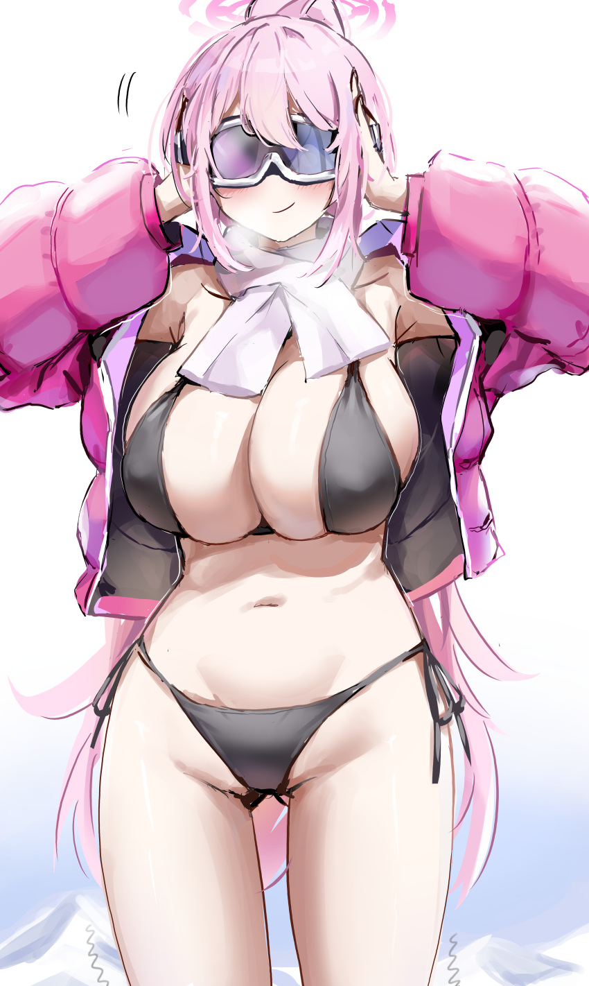 1girl absurdres bikini black_bikini blue_archive blush breasts cleavage closed_mouth commentary eimi_(blue_archive) eimi_(swimsuit)_(blue_archive) goggles groin halo highres jacket large_breasts long_hair long_sleeves midriff navel official_alternate_costume pink_hair pink_jacket ponytail sideboob sidelocks solo sstthei stomach swimsuit upper_body very_long_hair white_background