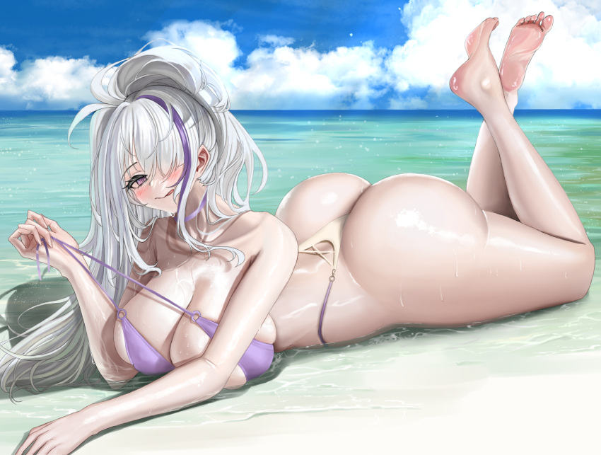 1girl anti_kumo ass azur_lane bikini breasts choker day hair_over_one_eye high_ponytail huge_breasts long_hair looking_at_viewer lying ocean official_alternate_costume on_stomach outdoors purple_bikini purple_choker purple_eyes purple_hair shiny_skin solo swimsuit the_pose undone_bikini unzen_(azur_lane) unzen_(sojourn_through_clear_seas)_(azur_lane) very_long_hair white_hair