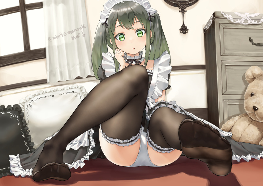 1girl absurdres apron bedroom black_dress black_ribbon black_thighhighs blush breasts choker dress feet fine_fabric_emphasis foreshortening frilled_apron frilled_choker frilled_dress frills full_body green_eyes green_hair hair_between_eyes hair_ribbon highres indoors knee_up long_hair maid maid_headdress mbr90munouk no_shoes on_ground open_mouth original panties puffy_short_sleeves puffy_sleeves ribbon short_sleeves sidelocks signature soles solo stuffed_animal stuffed_toy teddy_bear thighhighs thighs toes twintails twitter_username underwear white_apron white_panties window
