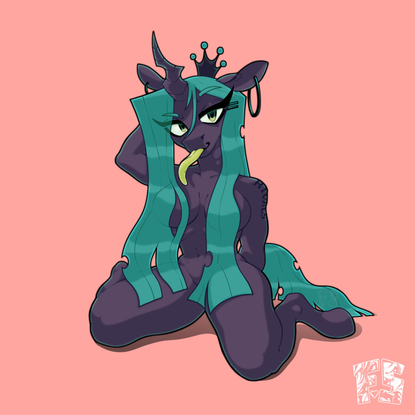 anthro black_body black_fur blue_hair breasts convenient_censorship crown ear_piercing ear_ring equid equine female fizzlesoda2000 friendship_is_magic fur hair hair_covering_breasts hasbro headgear hi_res hooves horn mammal my_little_pony nude piercing queen_chrysalis_(mlp) ring_piercing sitting solo tattoo tongue tongue_out unicorn