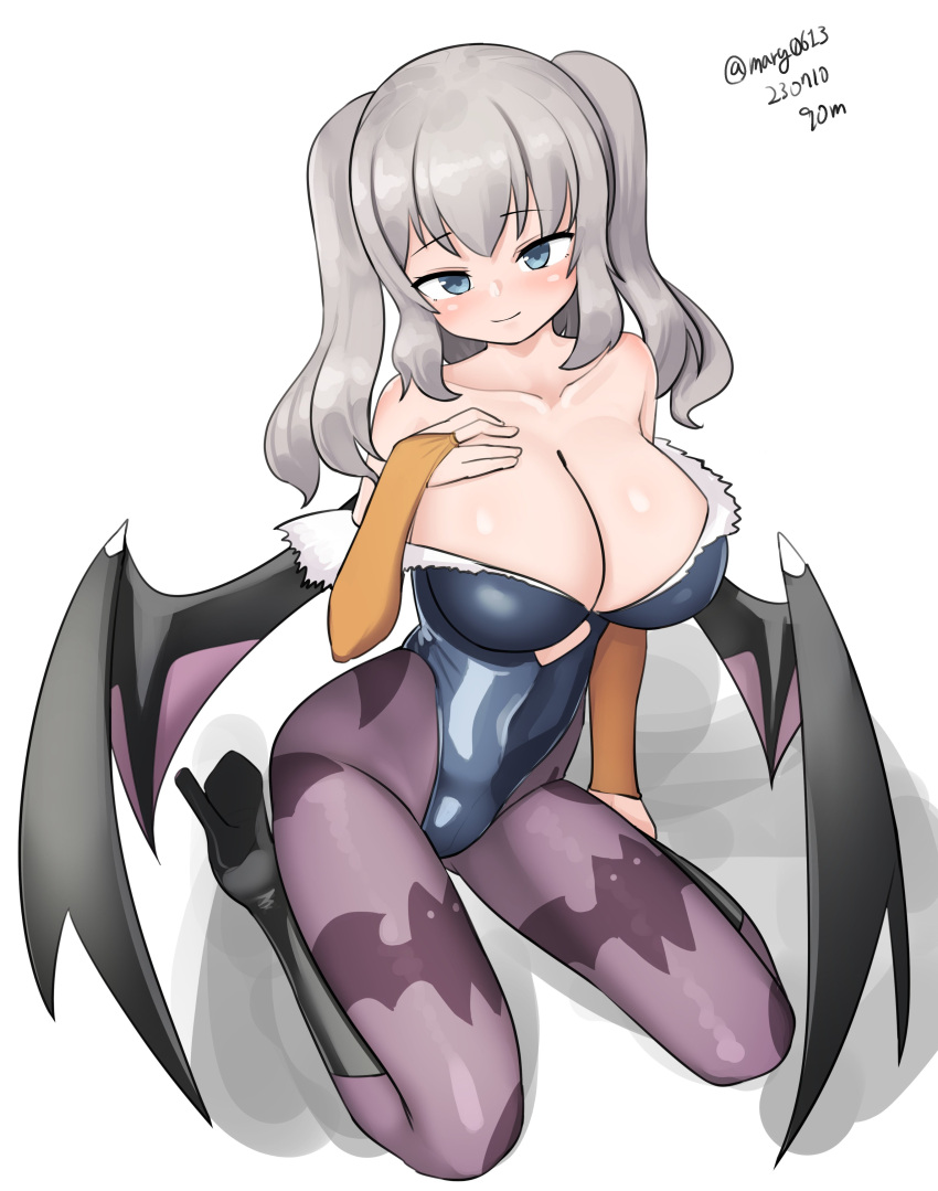 1girl absurdres animal_print bat_print bat_wings black_wings blue_eyes breasts bridal_gauntlets cosplay demon_girl demon_wings diamond_cutout grey_hair highres kantai_collection kashima_(kancolle) large_breasts leotard long_hair low_wings maru_(marg0613) morrigan_aensland morrigan_aensland_(cosplay) one-hour_drawing_challenge pantyhose print_pantyhose purple_pantyhose sidelocks solo strapless strapless_leotard twintails vampire_(game) wavy_hair wings