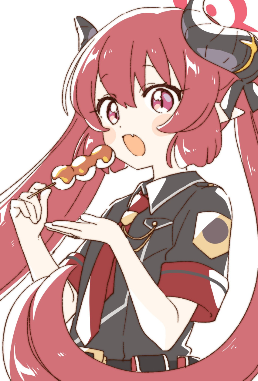 1girl black_horns black_ribbon blue_archive blush_stickers breast_pocket collared_shirt dango fang food hair_between_eyes halo highres holding holding_food horns junko_(blue_archive) long_hair mitarashi_dango namori necktie open_mouth pocket red_eyes red_hair red_halo red_necktie ribbon shirt short_sleeves skin_fang twintails upper_body very_long_hair wagashi