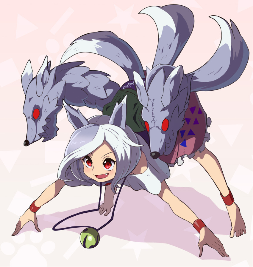 1girl all_fours animal_ears dog_ears dog_tail fang frilled_skirt frills grey_hair highres mitsugashira_enoko multiple_tails open_mouth pink_skirt purple_shirt red_eyes shirt short_hair skirt smile solo syope tail touhou