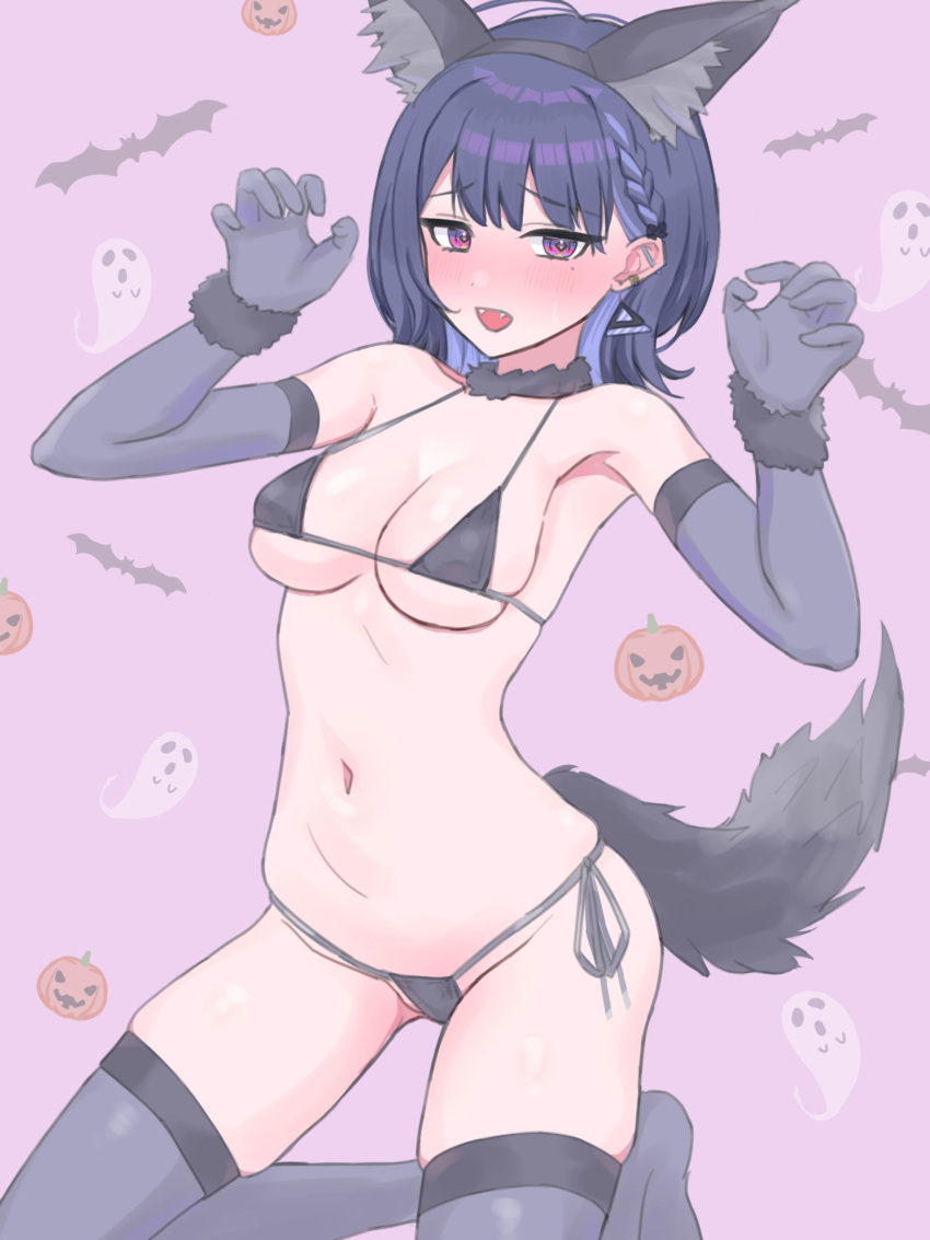 1girl absurdres animal_ears bat_(animal) bikini black_bikini blue_gloves blue_hair blue_thighhighs blush bow braid breasts claw_pose colored_inner_hair diamond-shaped_pupils diamond_(shape) ear_piercing earrings elbow_gloves fake_animal_ears fangs french_braid fur_collar ghost gloves hair_bow halloween highres jewelry kneeling koshimizu_toru looking_at_viewer medium_breasts medium_hair micro_bikini mole mole_under_eye multicolored_hair navel nijisanji nose_blush official_alternate_costume open_mouth piercing pumpkin purple_eyes side-tie_bikini_bottom skindentation solo stomach sweatdrop swimsuit symbol-shaped_pupils tail thighhighs triangle_earrings underboob virtual_youtuber wolf_ears wolf_tail zenitoko_(lebedev183)