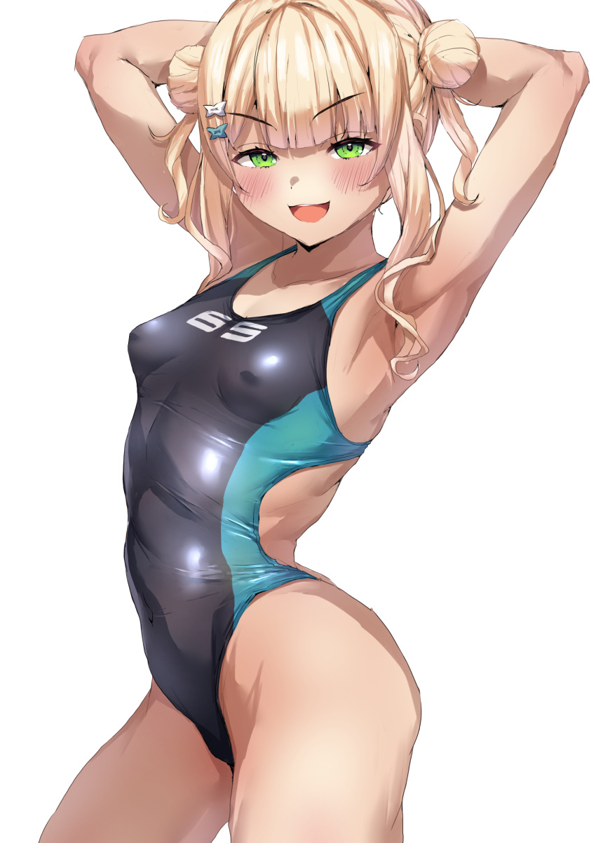 1girl armpits black_one-piece_swimsuit blonde_hair breasts competition_swimsuit cowboy_shot double_bun eyebrows_hidden_by_hair green_eyes hair_bun highres kaburaki_roco medium_hair nijisanji one-piece_swimsuit presenting_armpit shoshika8888888 simple_background small_breasts smile solo swimsuit two-tone_swimsuit virtual_youtuber white_background