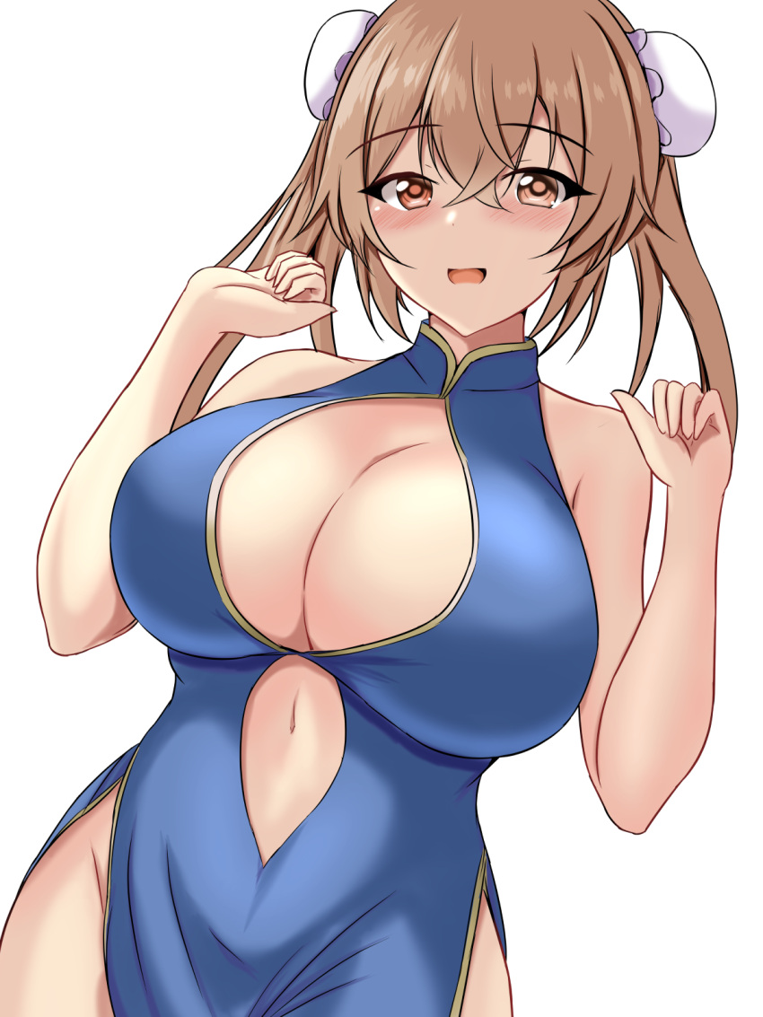 1girl blue_dress blush breasts brown_eyes bun_cover china_dress chinese_clothes cleavage_cutout clothing_cutout double_bun dress hair_bun hair_flaps hair_ornament heterochromia highres kantai_collection large_breasts light_brown_hair long_hair looking_at_viewer montemasa murasame_(kancolle) murasame_kai_ni_(kancolle) open_mouth pelvic_curtain red_eyes side_slit simple_background sleeveless sleeveless_dress smile solo two_side_up white_background