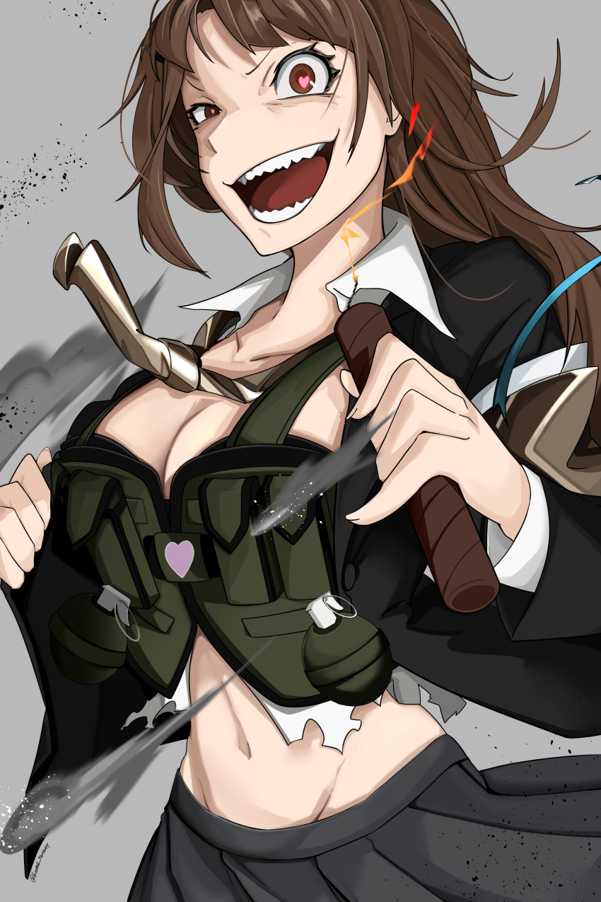 1girl absurdres amabuki_marie brown_eyes brown_hair caligula_2 collarbone commentary_request crazy_eyes crazy_grin dark_persona dynamite explosive grenade grey_background heart heart-shaped_pupils highres load_bearing_vest long_hair looking_at_viewer mizuguchi_marie necktie ranaway_kooma skirt solo spoilers symbol-shaped_pupils torn_clothes uneven_eyes