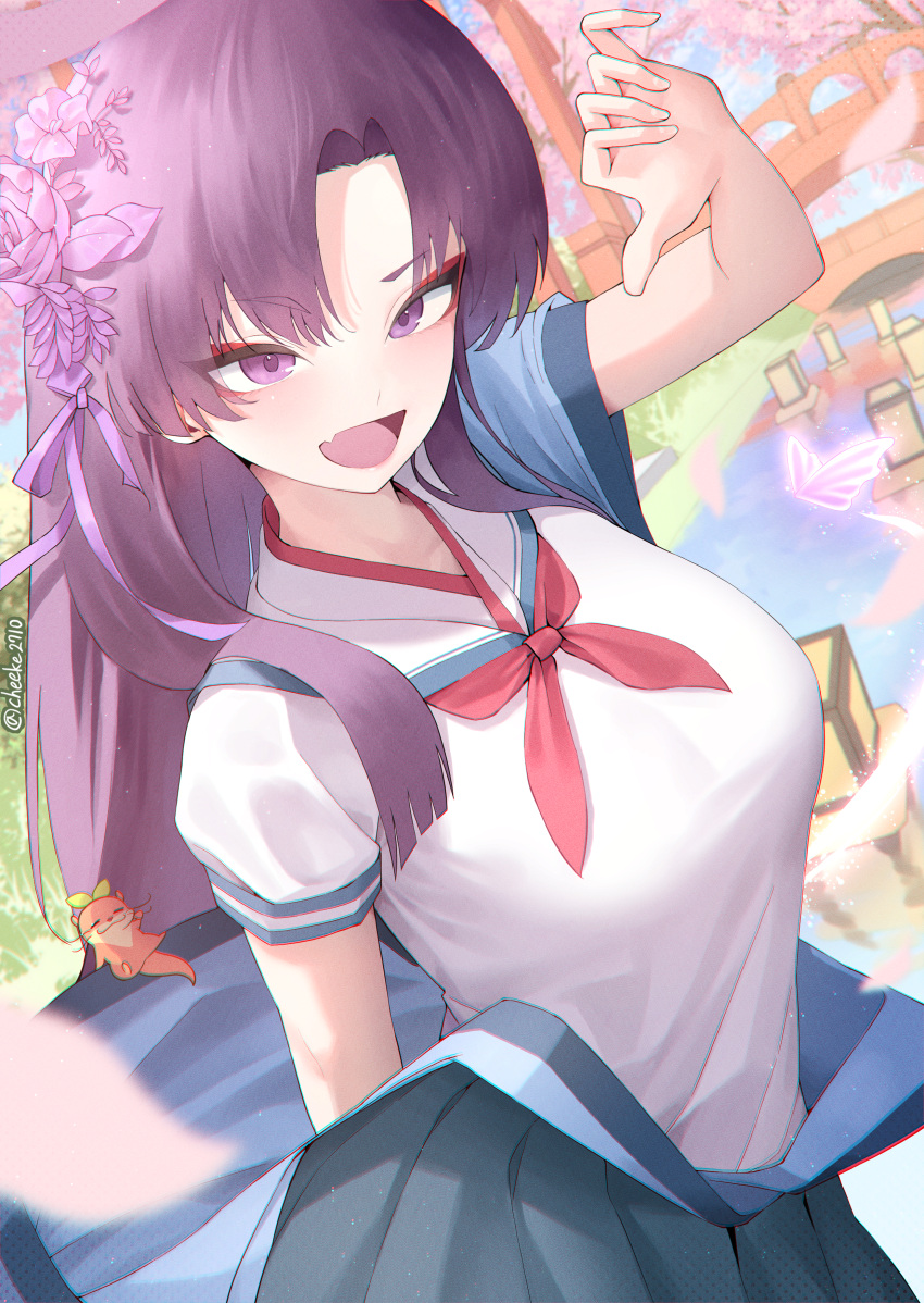 1girl absurdres blue_archive blurry blush breasts bug butterfly chee_ke cherry_blossoms depth_of_field falling_petals fang flower glowing_butterfly hair_flower hair_ornament haori highres japanese_clothes large_breasts looking_at_viewer neckerchief outdoors parted_bangs petals pink_butterfly purple_eyes purple_hair red_eyes red_neckerchief school_uniform serafuku shirt short_sleeves skin_fang smile solo white_shirt yukari_(blue_archive)