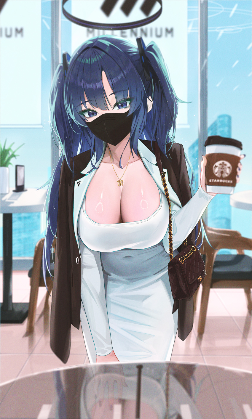 1girl absurdres bag black_coat blue_archive blush breasts cleavage coat coat_on_shoulders coffee_cup collarbone cosplay cup disposable_cup dongtan_lady_(k_pring) dongtan_lady_(k_pring)_(cosplay) dress fieryonion floor highres holding holding_cup indoors jewelry large_breasts leaning_forward long_hair long_sleeves looking_at_viewer pendant purple_eyes purple_hair shoulder_bag solo starbucks table two_side_up white_dress yuuka_(blue_archive)