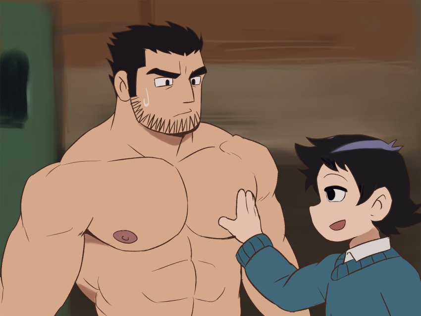 2boys abs bara beard_stubble black_hair clothed_male_nude_male ep06 hand_on_another's_chest highres huge_eyebrows large_pectorals looking_at_another lucas_lee male_focus multiple_boys muscular muscular_male nipples nude official_style pectorals scott_pilgrim_takes_off short_hair size_difference smile sweatdrop upper_body wallace_wells yaoi