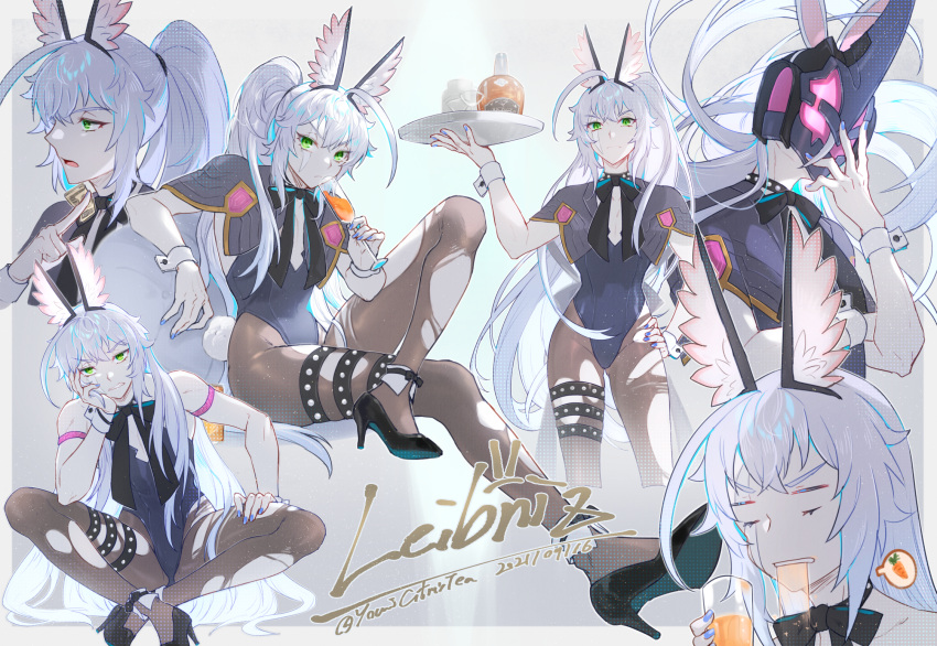 1girl ahoge blaster_master_zero blue_nails bottle champagne_flute character_name crossed_legs cup dated drinking_glass flat_chest green_eyes hand_on_own_hip high_heels highres leibniz_(blaster_master) long_hair mask pantyhose playboy_bunny ponytail scar scar_across_eye spoilers torn_clothes torn_pantyhose tray twitter_username white_hair wrist_cuffs youmicitrustea