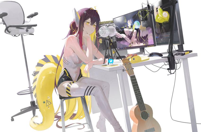 1girl absurdres ahoge asmr at_computer binaural_microphone blonde_hair boots breasts brown_hair cellphone chair colored_inner_hair darr1o eel_girl fins fish_tail guitar hair_ornament hand_rest highres idol_corp instrument juna_unagi keyboard_(computer) large_breasts leotard lightning_bolt_ahoge looking_at_viewer microphone monitor mouse_(computer) multicolored_hair office_chair phone second-party_source solo star_(symbol) star_hair_ornament streaked_hair swivel_chair tail thigh_boots thighhighs virtual_youtuber white_footwear white_leotard white_thighhighs yellow_eyes