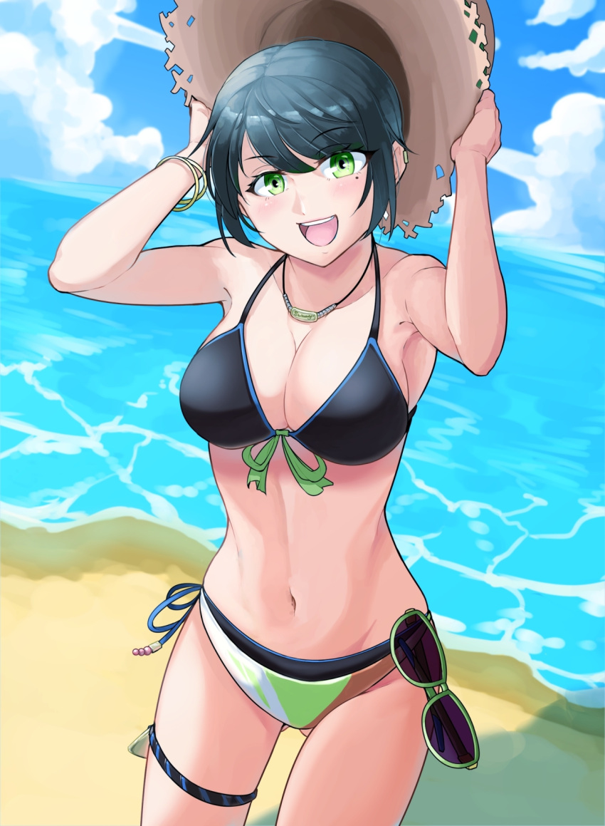 1girl arm_up beach bikini blue_sky breasts cleavage day green_eyes green_hair hat highres jewelry large_breasts looking_at_viewer morros navel necklace original sky smile solo sun_hat sunglasses swimsuit