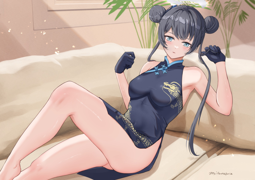 1girl aqua_eyes armpits ass_visible_through_thighs black_dress black_gloves black_hair blue_archive butterfly_hair_ornament china_dress chinese_clothes commentary couch crossed_legs double_bun dress gloves hair_between_eyes hair_bun hair_ornament halo highres indoors kisaki_(blue_archive) long_hair looking_at_viewer mitsukayurie no_panties parted_lips pelvic_curtain side_slit sidelocks sitting sleeveless sleeveless_turtleneck_dress solo twintails