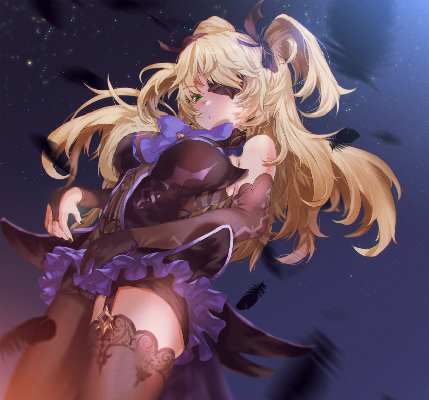 1girl bare_shoulders bat_ornament black_ribbon blonde_hair blush bodystocking bodystocking_under_clothes bow bowtie breasts bridal_gauntlets brown_sleeves collar eyepatch falling_feathers feathers fischl_(genshin_impact) garter_straps genshin_impact gloves green_eyes hair_over_one_eye hair_ribbon highres leotard long_hair looking_at_viewer medium_breasts moonlight night open_mouth purple_bow purple_bowtie purple_ribbon ribbon shuru_y single_bridal_gauntlet single_glove single_leg_pantyhose single_sleeve single_thighhigh sky solo star_(sky) starry_sky tailcoat thighhighs two_side_up