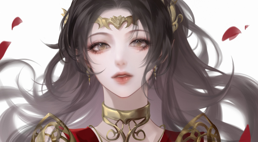 1girl artist_request blurry_eyes brown_eyes brown_hair cai_lin_(doupo_cangqiong) collar doupo_cangqiong dress earrings falling_petals hair_ornament highres jewelry long_hair looking_at_viewer metal_collar parted_lips petals pointy_ears red_dress second-party_source solo teeth upper_body