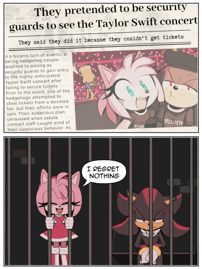 2023 absurd_res amy_rose clothed clothing eulipotyphlan eyelashes eyes_closed grumpy hedgehog hi_res mammal news news_article newspaper prison_bars sega shadow_the_hedgehog sitting smile smiling_at_viewer sonic_the_hedgehog_(series) speech_bubble text toonsite