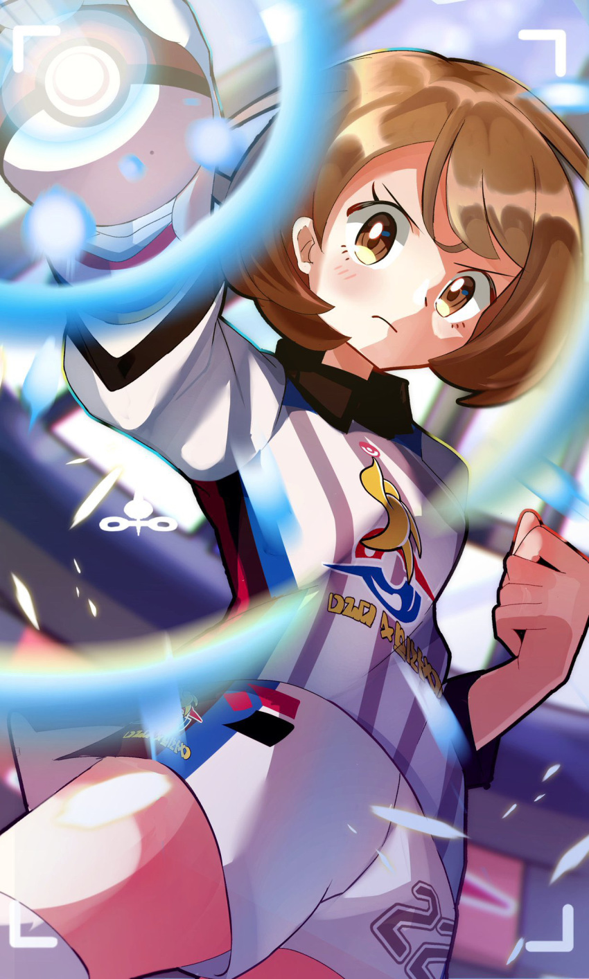 &gt;:( 1girl bob_cut brown_eyes brown_hair clenched_hand closed_mouth collared_shirt dynamax_ball dynamax_band gloria_(pokemon) gloves gym_challenge_uniform highres holding holding_poke_ball light_blush looking_at_viewer outstretched_arm parted_bangs poke_ball poke_ball_(basic) pokemon pokemon_(game) pokemon_swsh record serious shirt short_hair shorts side_slit side_slit_shorts single_glove solo stadium thighhighs thighs umiru v-shaped_eyebrows viewfinder white_gloves white_shirt white_shorts white_thighhighs white_wristband