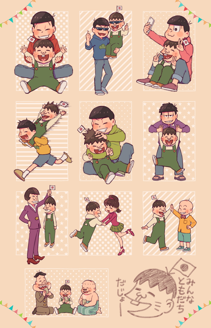 1girl 6+boys absurdres bald black_hair brothers brown_hair buck_teeth chibita cup dayoon dekapan double_v facial_hair hatabou head_flag high_five highres holding_hands hood hoodie iyami kabu_(bekka) matsuno_choromatsu matsuno_ichimatsu matsuno_jyushimatsu matsuno_karamatsu matsuno_osomatsu matsuno_todomatsu motion_blur multiple_boys mustache osomatsu-san selfie sextuplets siblings smile sunglasses teeth thumbs_up twintails v yowai_totoko yunomi