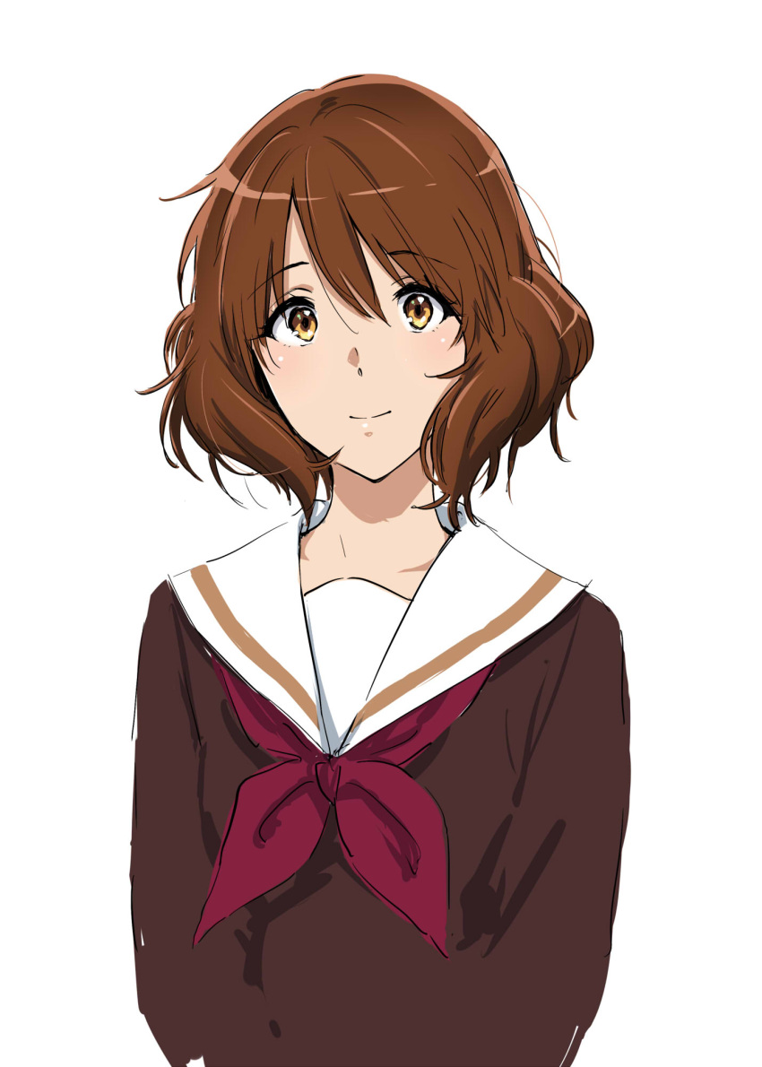 1girl brown_eyes brown_hair hibike!_euphonium highres kitauji_high_school_uniform light_smile looking_at_viewer messy_hair napata oumae_kumiko sailor_collar school_uniform serafuku short_hair simple_background solo upper_body white_background white_sailor_collar