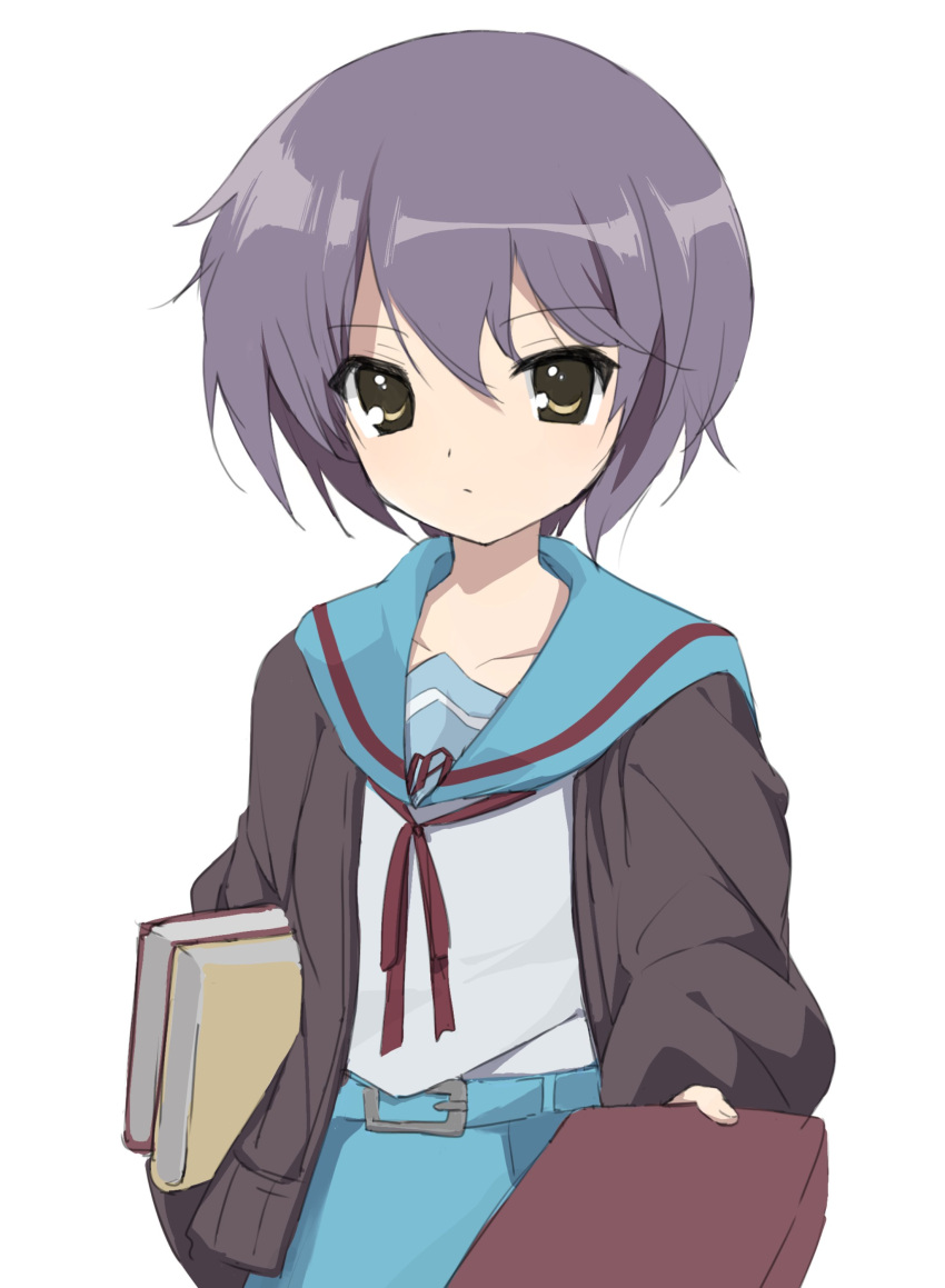 1girl 7ben9i absurdres belt blue_belt blue_sailor_collar blue_skirt book brown_cardigan brown_eyes cardigan collarbone commentary_request expressionless giving highres holding holding_book kita_high_school_uniform long_sleeves looking_at_viewer nagato_yuki purple_hair sailor_collar school_uniform serafuku short_hair simple_background skirt solo suzumiya_haruhi_no_yuuutsu upper_body white_background winter_uniform