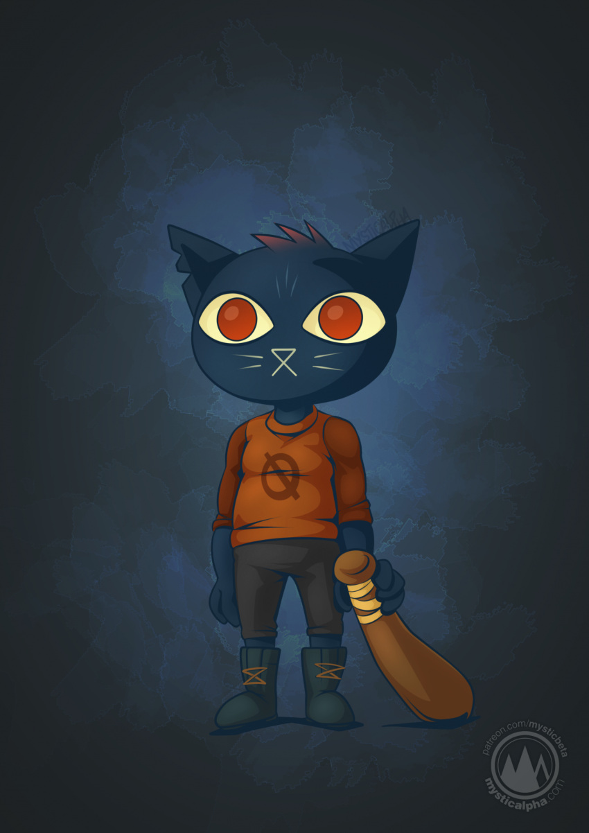 2023 anthro baseball_bat bat_(object) boots bottomwear clothed clothing domestic_cat felid feline felis female footwear front_view fur hi_res holding_baseball_bat holding_object mae_borowski mammal mysticalpha night_in_the_woods notched_ear pants shirt signature solo standing topwear whiskers wide_eyed