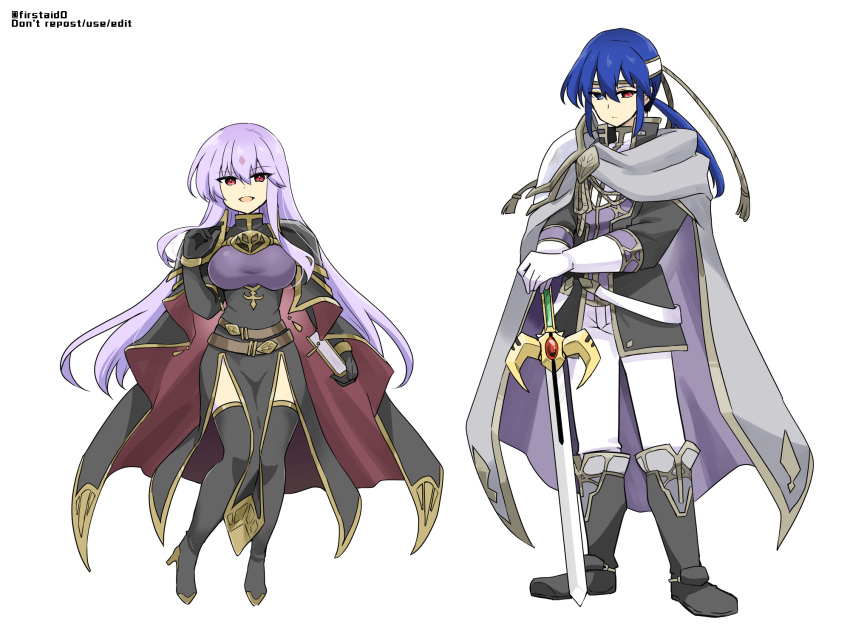 alternate_costume blue_eyes breasts brother_and_sister corruption dark_persona expressionless fire_emblem fire_emblem:_genealogy_of_the_holy_war full_body heterochromia highres julia_(fire_emblem) large_breasts long_hair looking_at_viewer ponytail red_eyes seliph_(fire_emblem) siblings sword thighhighs thighs tyrfing_(fire_emblem) weapon yukia_(firstaid0)