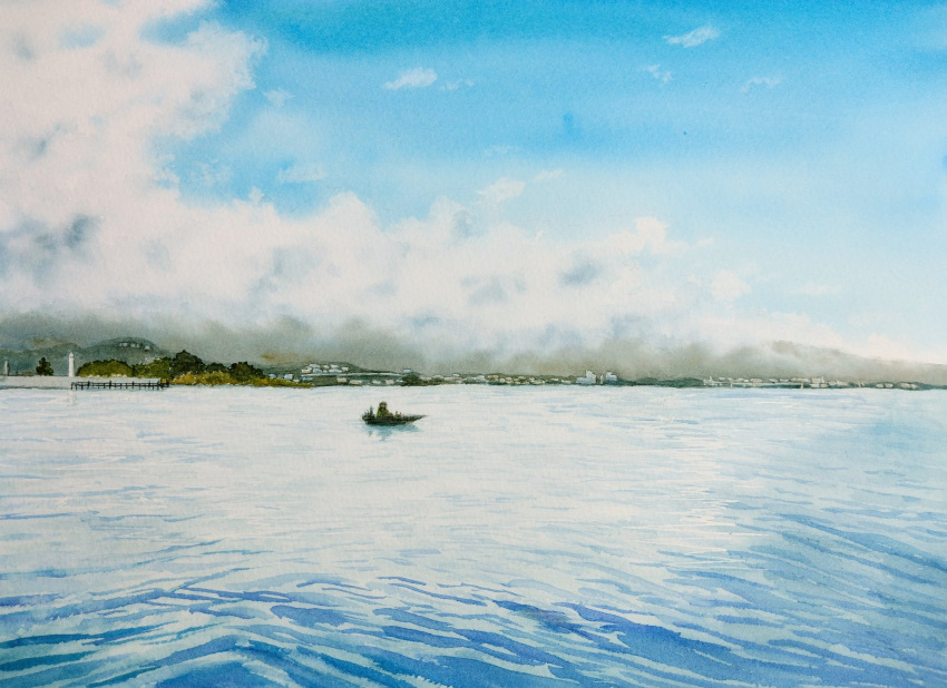 1other boat building city harbor highres horizon naoy_watercolor ocean painting_(medium) pier shore tower traditional_media watercolor_(medium) watercraft watermark