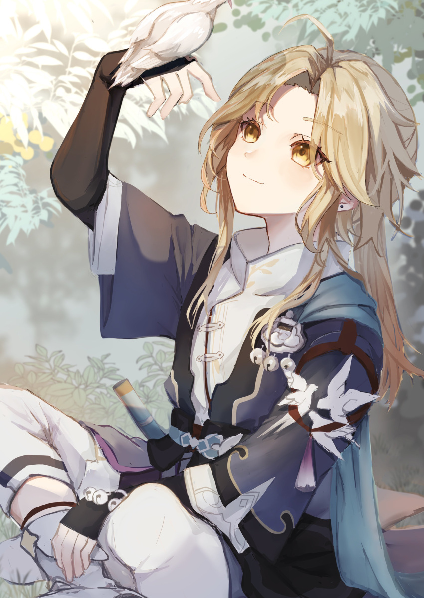 1boy absurdres ahoge androgynous barn_swallow bird bird_on_hand blonde_hair blurry blurry_background chinese_clothes closed_mouth depth_of_field ear_piercing facing_to_the_side from_side grass hand_on_lap highres honkai:_star_rail honkai_(series) jewelry leaf long_hair long_sleeves male_focus mitarashi_(25_mitarashi) orange_eyes outdoors pants parted_bangs piercing reaching sidelocks sitting smile solo tassel white_footwear white_pants yanqing_(honkai:_star_rail)