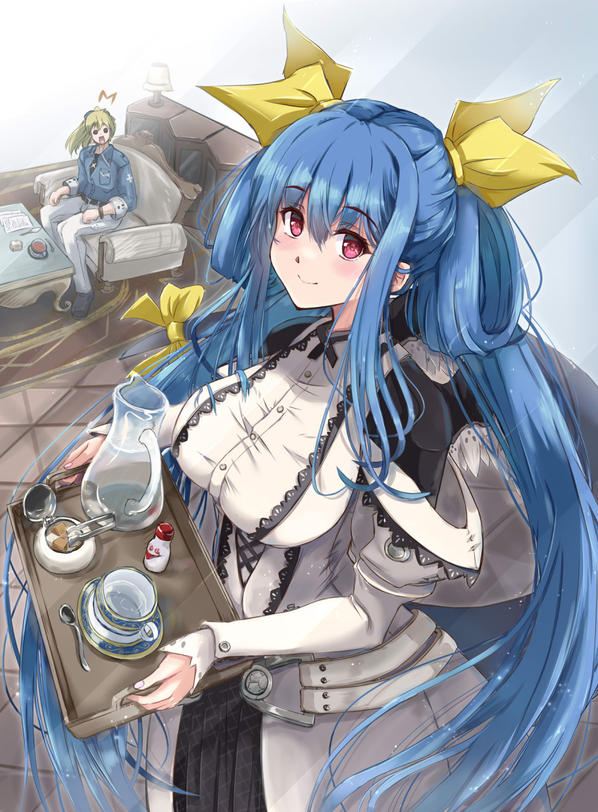 1boy 1girl belt blue_hair breasts casual closed_mouth cup detached_sleeves dizzy_(guilty_gear) dress english_commentary frilled_dress frills guilty_gear guilty_gear_xrd hair_between_eyes hair_rings highres holding holding_tray husband_and_wife indoors ky_kiske large_breasts long_hair long_sleeves looking_at_viewer maid mature_female mother's_day nt50 off-shoulder_dress off_shoulder red_eyes ribbon sidelocks sitting smile spoon table teacup tray twintails water yellow_ribbon