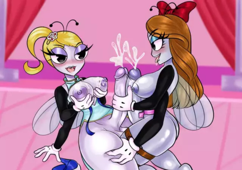 accessory antennae_(anatomy) anthro arthropod asian_clothing balls belt belt_restraints black_eyes blush bodily_fluids breast_play breasts clothed clothed/nude clothing cokicoki-s cum cum_on_breasts cumming_together cumshot dawn_swatworthy detailed_background dipteran disney dress duo ejaculation exposed_breasts eye_contact eyeshadow formal_wear frottage genital_fluids genitals gloved_hands gynomorph hair_accessory hair_ribbon handjob hands_on_legs insect insect_wings intersex intersex/intersex looking_at_another looking_pleasured makeup multi_arm multi_hand multi_limb nude open_mouth open_smile ornament penile penis ribbons sex sitting_on_knees smile tammy_zesty the_buzz_on_maggie toony_eyes wings