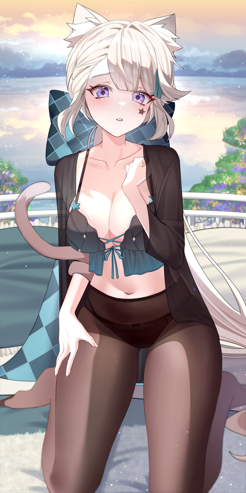 1girl absurdres alternate_costume animal_ears aqua74286 aqua_bow asymmetrical_bangs black_panties black_pantyhose blonde_hair blush bow breasts cat_ears cat_girl cat_tail cloud collarbone cross-laced_clothes cross-laced_top facial_mark full_body genshin_impact grass hand_on_own_thigh hand_up highres huge_bow kneeling lake large_breasts light_particles lingerie long_hair lynette_(genshin_impact) multicolored_hair navel orange_sky outdoors panties pantyhose parted_lips purple_eyes sky sleepwear solo star_(symbol) star_facial_mark star_tattoo stomach streaked_hair tail tattoo underwear