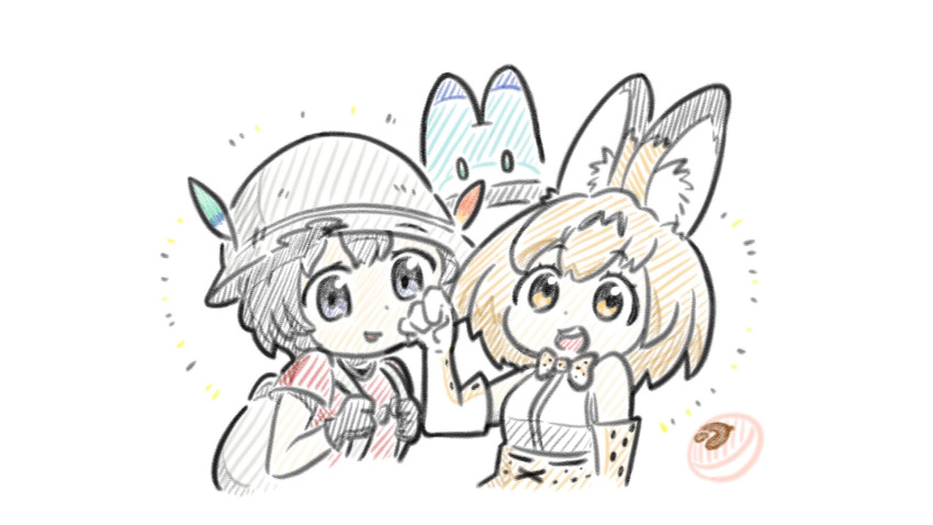 2girls :d animal_ear_fluff animal_ears appleq backpack bag bare_shoulders black_hair blonde_hair breasts brown_gloves brown_skirt commentary_request elbow_gloves gloves grey_eyes grey_headwear hand_up helmet high-waist_skirt highres kaban_(kemono_friends) kemono_friends lucky_beast_(kemono_friends) multiple_girls orange_eyes red_shirt robot serval_(kemono_friends) shirt simple_background skirt sleeveless sleeveless_shirt small_breasts smile teeth upper_teeth_only white_background white_gloves white_shirt