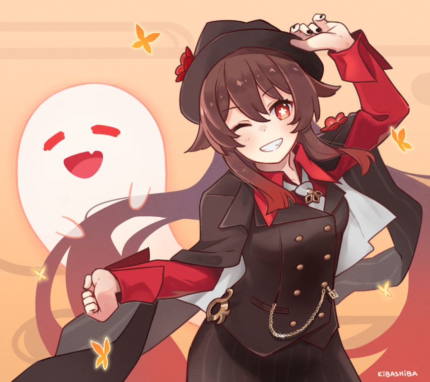 1girl boo_tao_(genshin_impact) brown_hair brown_jacket brown_skirt flower flower-shaped_pupils genshin_impact hair_between_eyes hat highres hu_tao_(genshin_impact) hu_tao_(oneplus)_(genshin_impact) jacket kibashiba long_hair long_sleeves one_eye_closed red_eyes red_shirt shirt skirt smile solo symbol-shaped_pupils