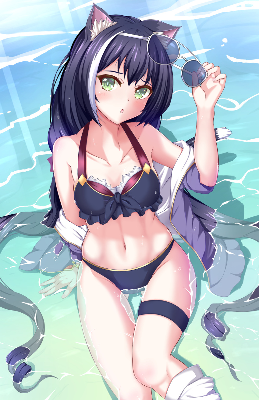 1girl animal_ear_fluff animal_ears bare_shoulders bikini black_bikini blush breasts cat_ears cat_girl cat_tail cherry_enpty collarbone commentary_request day eyelashes eyewear_removed feet_out_of_frame furrowed_brow green_eyes hair_between_eyes hair_spread_out hand_up head_tilt highres holding holding_removed_eyewear jacket karyl_(princess_connect!) long_hair looking_at_viewer midriff multicolored_hair navel off_shoulder open_clothes open_jacket open_mouth outdoors princess_connect! purple_jacket sitting skindentation solo stomach streaked_hair sunglasses sunlight swimsuit tail thigh_strap tsurime very_long_hair water white_hair