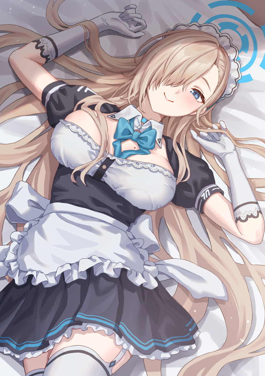 1girl absurdres apron arms_up asuna_(blue_archive) bed_sheet black_dress blonde_hair blue_archive blue_bow blue_bowtie blue_eyes blue_halo bow bowtie breasts closed_mouth collar commentary detached_collar dress frilled_apron frilled_dress frills hair_over_one_eye hair_spread_out halo highres large_breasts long_hair looking_at_viewer lying maid_apron maid_headdress mole mole_on_breast on_back on_bed parted_bangs puffy_short_sleeves puffy_sleeves short_sleeves simoumi_217 smile solo waist_apron white_collar white_headwear