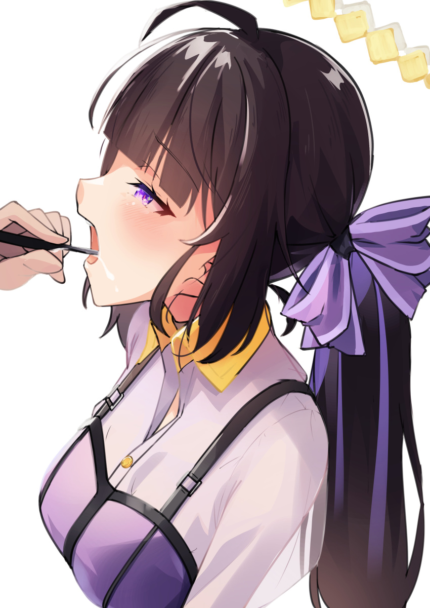 1girl absurdres ahoge blush bow breasts brown_hair brushing_another's_teeth brushing_teeth collared_shirt commentary_request from_side girls'_frontline girls'_frontline_neural_cloud hair_bow halo highres holding holding_toothbrush large_breasts long_hair nanaka_(girls'_frontline_nc) nanaka_(iris-colored_holiday)_(girls'_frontline_nc) official_alternate_costume open_mouth out_of_frame purple_eyes purple_shirt shirt simple_background toothbrush toothbrush_in_mouth toothpaste upper_body white_background y_kimisaki