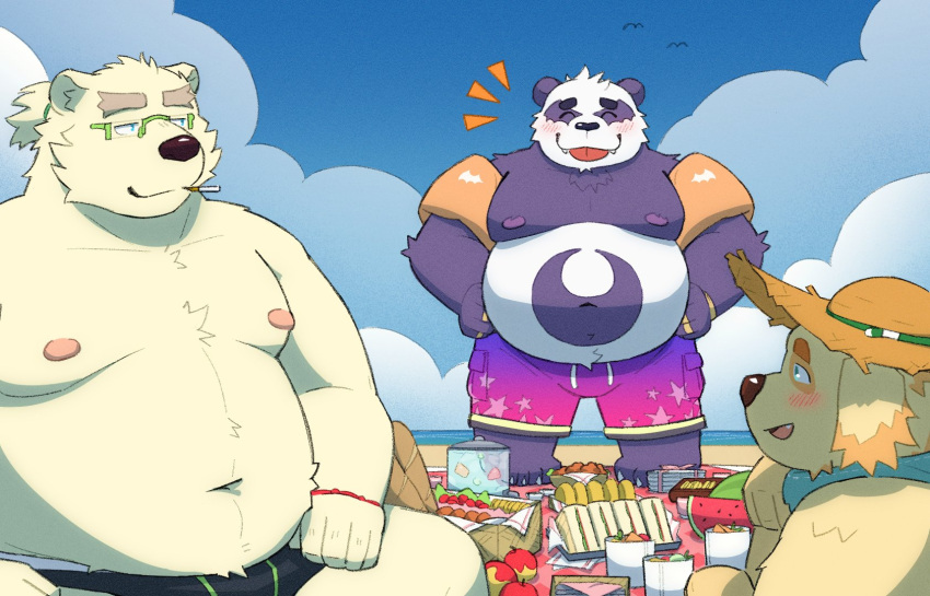 alp_(tas) anthro beach bear belly bird_dog blep blush bulge canid canine canis clothing cu_sith_(tas) domestic_dog fur giant_panda golden_retriever group hi_res hunting_dog leib_(tas) lifewonders male mammal moobs navel nipples overweight picnic polar_bear retriever sandwich_(disambiguation) seaside swimwear thatdouginme tokyo_afterschool_summoners tongue tongue_out trio ursine white_body white_fur yellow_body yellow_fur