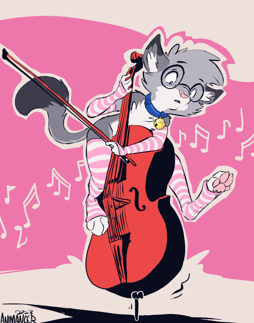 animancer bell bottomless bowed_string_instrument cello clothed clothing collar domestic_cat eyewear felid feline felis glasses hi_res instrument_(disambiguation) leg_warmers legwear mammal music musical_instrument nixuelle paws string_instrument thigh_highs