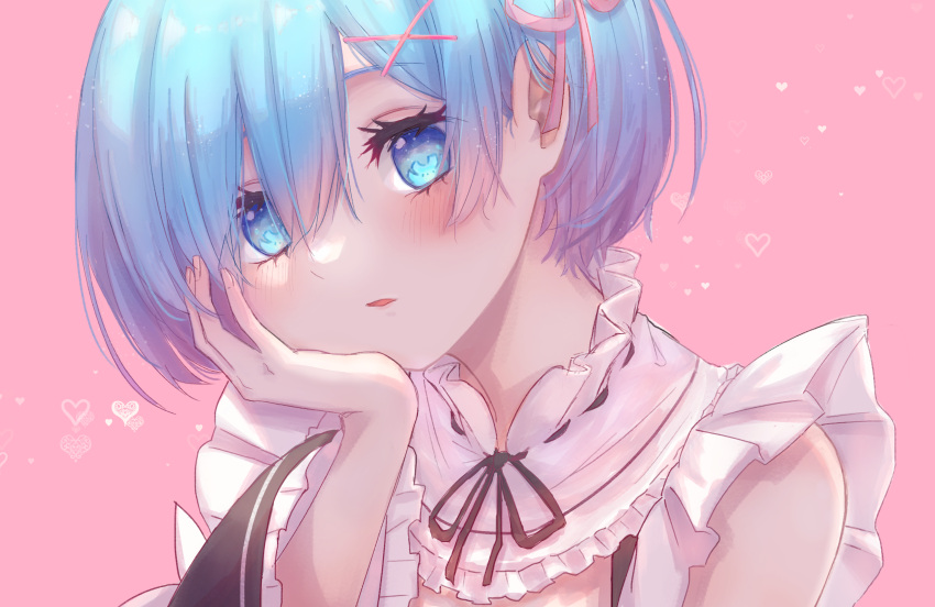 1girl blue_eyes blue_hair blush commentary_request detached_sleeves frilled_sleeves frills hair_ornament hair_ribbon hand_on_own_cheek hand_on_own_face heart highres looking_at_viewer maid maid_headdress open_mouth pink_background pink_ribbon re:zero_kara_hajimeru_isekai_seikatsu rem_(re:zero) ribbon ribbon-trimmed_clothes ribbon_trim rkt_0202 roswaal_mansion_maid_uniform short_hair simple_background solo x_hair_ornament