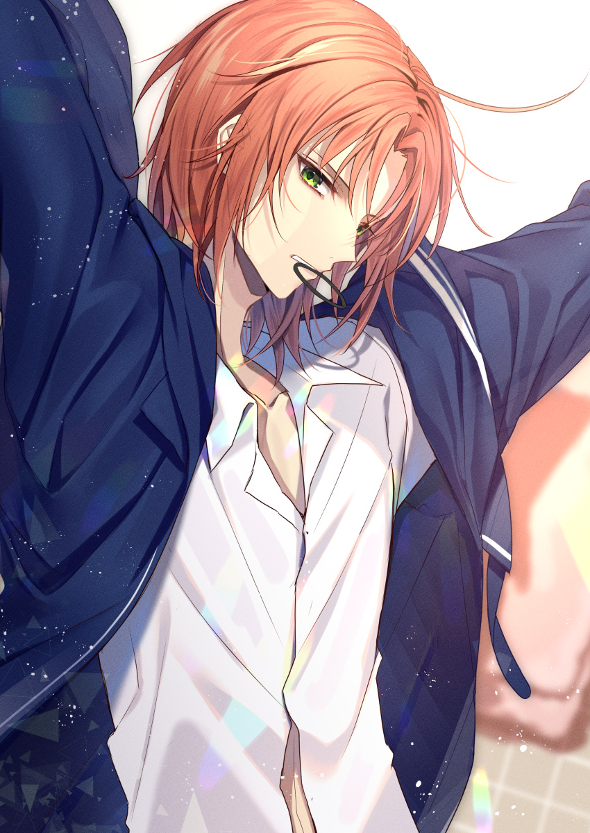 1boy absurdres arms_up blue_jacket chano_hinano ensemble_stars! green_eyes hair_down hair_tie highres jacket light_particles long_sleeves looking_at_viewer male_focus medium_hair midriff_peek mouth_hold open_clothes open_jacket orange_hair pajamas parted_bangs shirt sideways_glance solo stretching tsukinaga_leo upper_body white_background white_shirt wing_collar