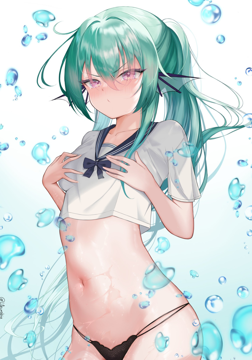 1girl absurdres alternate_breast_size blush breasts collarbone english_commentary finana_ryugu fins fish_girl hair_between_eyes head_fins highres leon_decarabia long_hair looking_at_viewer navel nijisanji nijisanji_en panties pout simple_background small_breasts solo stomach underwear virtual_youtuber white_background