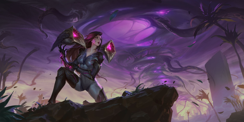 1girl armor bodysuit breasts building cleavage clenched_hands closed_mouth cloud collarbone dark_clouds detached_wings facial_mark feet_out_of_frame fighting fighting_stance floating_hair forehead_mark forehead_tattoo highres kai'sa kudos3d league_of_legends legends_of_runeterra light lightning long_hair looking_up magic medium_breasts official_art on_one_knee outdoors plunging_neckline purple_bodysuit purple_eyes purple_hair purple_lips red_lips serious shoulder_armor skin_tight sky solo tattoo thighs tornado tree wind wings