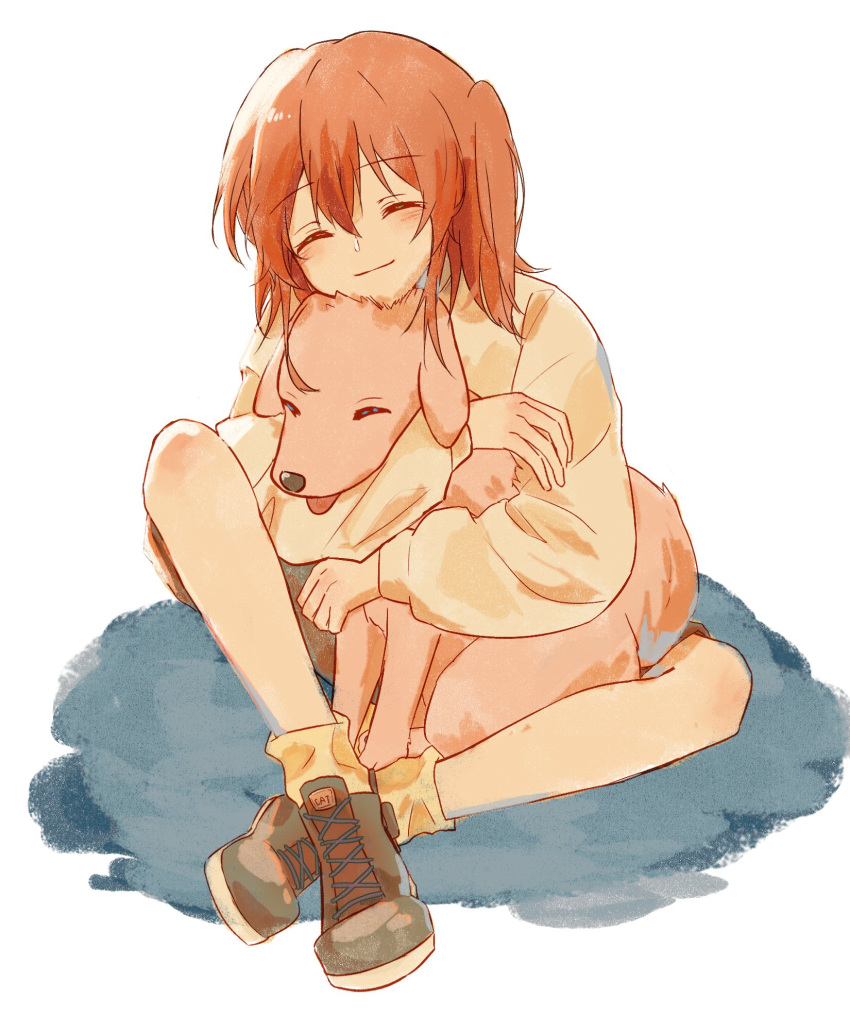 1girl ^_^ animal_hug black_footwear bocchi_the_rock! boots closed_eyes closed_mouth commentary crossed_legs dog facing_viewer full_body hair_between_eyes head_on_head head_rest head_tilt highres kita_ikuyo light_blush long_sleeves mimmf red_hair side_ponytail sidelocks simple_background sitting smile socks solo sweater tongue tongue_out white_background yellow_socks yellow_sweater