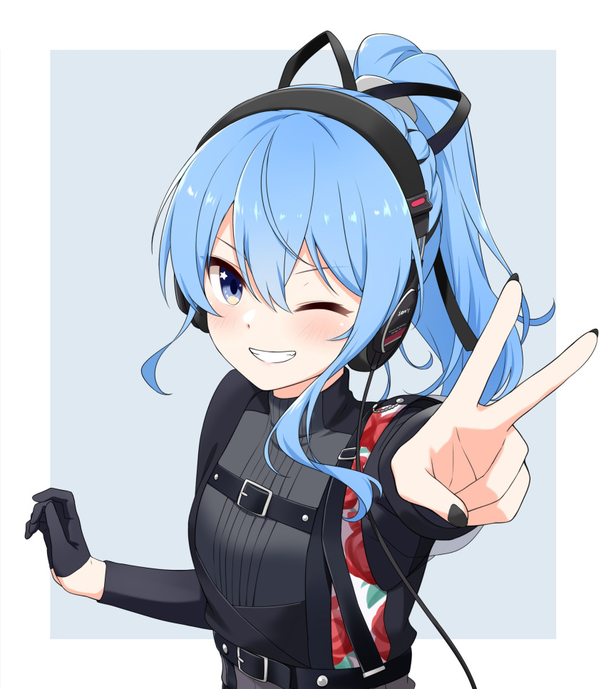 1girl absurdres asymmetrical_sleeves black_nails black_shirt blue_eyes blue_hair blush chest_harness clenched_teeth felutiahime fingernails gloves grin hair_between_eyes hair_ribbon half_gloves harness headphones highres hololive hoshimachi_suisei hoshimachi_suisei_(shout_in_crisis) long_hair long_sleeves mismatched_sleeves nail_polish official_alternate_costume official_alternate_hairstyle one_eye_closed ponytail ribbon shirt single_glove single_half_glove smile solo star_(symbol) star_in_eye symbol_in_eye teeth turtleneck upper_body v virtual_youtuber
